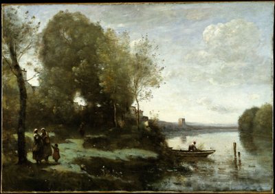 River with a Distant Tower by Jean Baptiste Camille Corot